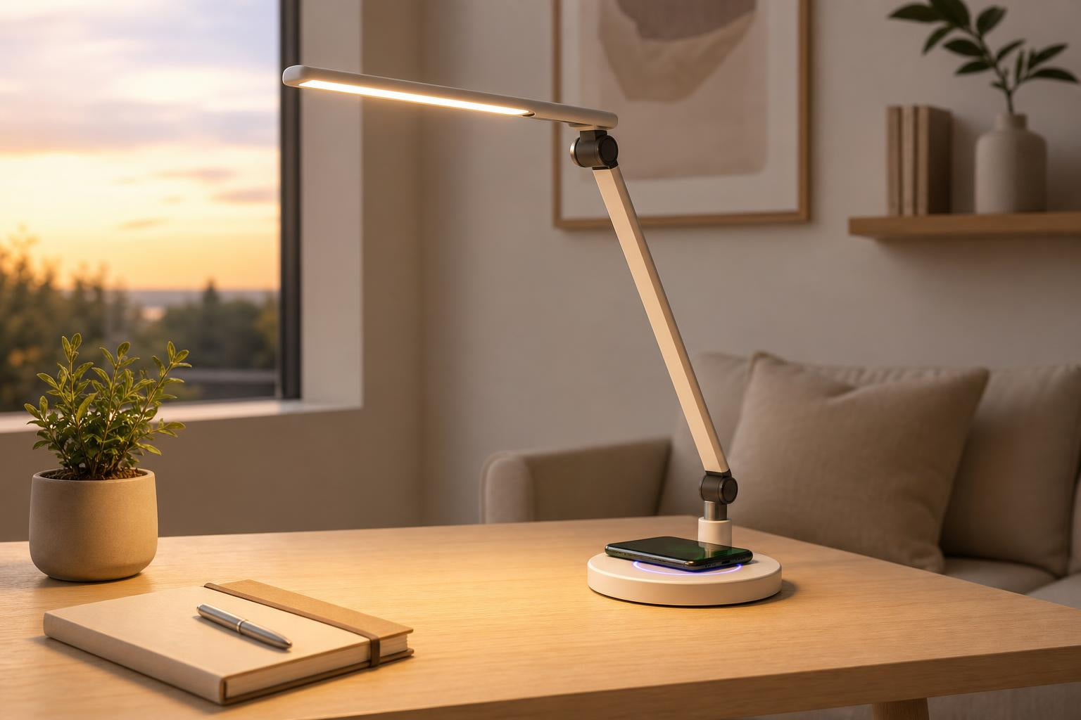Lámpara LED Zerka Glow encendida sobre un escritorio